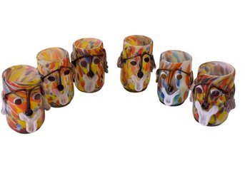 6 1960's Mexico Multicolored Blown Glass Dog Face Tumblers