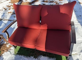 Outdoor Metal-Frame Patio Loveseat With Red Cushions