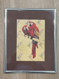 Framed Print Of Two Scarlet Macaws On Perch With Yellow Background