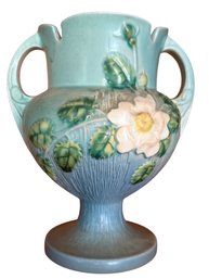Roseville Pottery 1940s White Rose 2-Handle Vase, Model 987-8