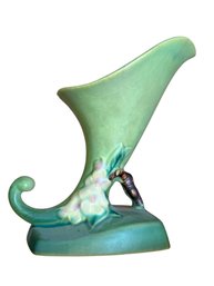 Roseville Pottery Cornucopia Vase No. 157-6 In Matte Green And Floral Motif