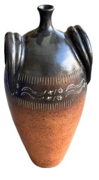 Two-Tone Ceramic Vase With Incised Design And Applied Handles