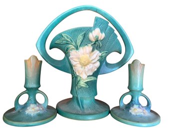 Roseville Pottery White Rose Vase Model 137-7 1/2 With Matching Candlesticks