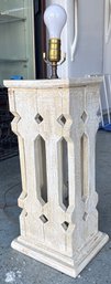 Tall Carved Wooden Table Lamp With Openwork Geometric Design