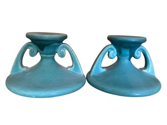 Weller Pottery 'Melrose' Candlesticks, Light Blue Glaze