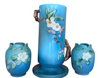 Roseville USA 387-9 Floral Pottery Vase And Pair Of Vases