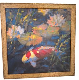 Oil Painting Of Koi Fish And Water Lilies By Artist Signed 'L. O. Lund'