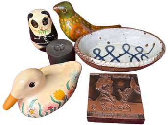 Decorative Items Including Ceramic Figures, Etched Plaque, And Pottery Dish