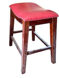 Wooden Stool With Red Upholstered Seat And Nailhead Trim