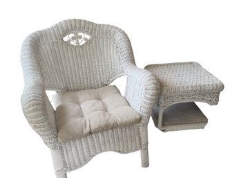 White Wicker Armchair With Cushion And Matching Side Table