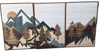 Three Modern Wooden Wall Canvas Panels With Mountain Landscape Design
