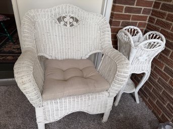 White Wicker Armchair And Plant Stand Set