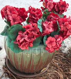Glazed Ceramic Planter With Artificial Red Flowers
