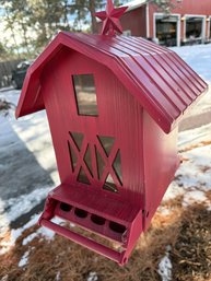 Red Barn-Style Hanging Bird Feeder With Metal Roof And Star Finial