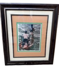 Framed Artwork Of Fishermen Signed By Artist, 27 X 23 Inches
