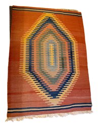 Handwoven Geometric Pattern Kilim Rug With Fringed Ends