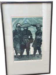 Framed 1958 Shiro Kasamatsu Woodblock Print Depicting Rural Figures