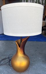 Modern Table Lamp With Gold And Bronze Abstract Base And Cylindrical Fabric Shade