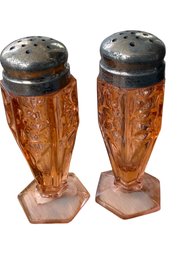 Pink Depression Glass Salt And Pepper Shakers With Metal Lids