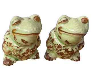 Vintage Ceramic Frog Figurines With Green And Brown Glaze