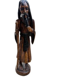 Hand-Carved Wooden Figurine Of Bearded Elder, 30 Inches Tall