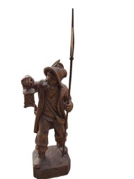 Hand-Carved Wooden Figurine Of A Lantern Bearer With Spear, 21-Inch Height