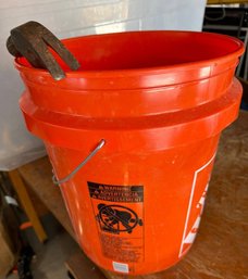 Orange Five-Gallon Plastic Bucket Containing Assorted Hand Tools