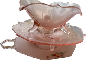 Pink Depression Glass Snack Set With Floral Decorations, 3 Pieces