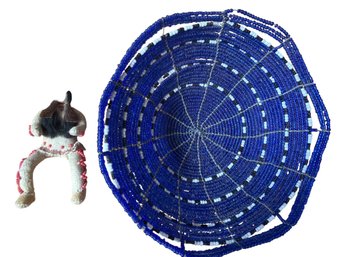 Hand-Beaded Wire Basket And Handmade Doll With Bead Accents. Indigenous & Southwest Folk Art.
