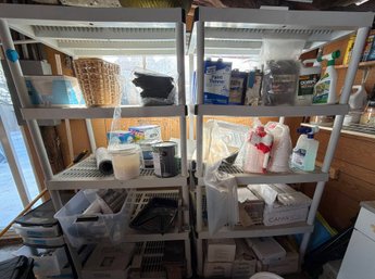 Plastic Storage Shelving Units With Assorted Household And Workshop Supplies