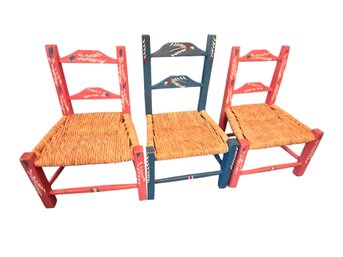 3 Painted Wood And Woven Straw Seat Chairs