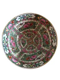 Chinese Rose Medallion Porcelain Bowl With Black Wood Display Stand