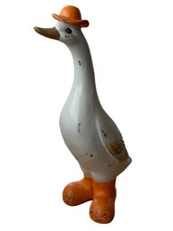 Vintage Painted Cast Iron Goose Figurine With Orange Hat And Boots