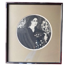 Paul Funk 1968 Signed Black And White Lithograph Of Woman In Framed Circular Composition