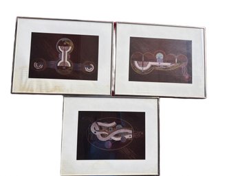 Three Abstract Modernist Prints In Metal Frames