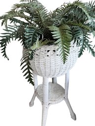White Painted Wicker Planter Stand With Basket And Lower Shelf