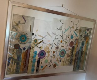 Framed Abstract Mixed Media Artwork With Silver Metallic Frame