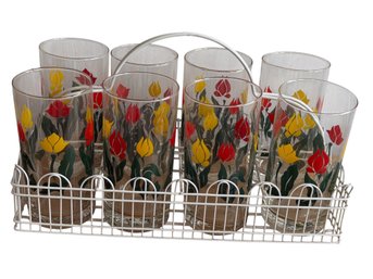 Vintage Eight Glass Tumblers With Tulip Motif And Metal Caddy