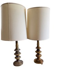 Pair Of Brass Table Lamps With White Drum Shades