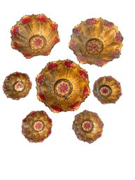 Seven Pressed Glass Bowls With Gold And Red Floral Design