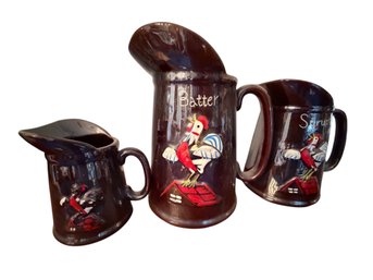 Three-Piece Ceramic Pitcher Set With Hand-Painted Rooster Motif