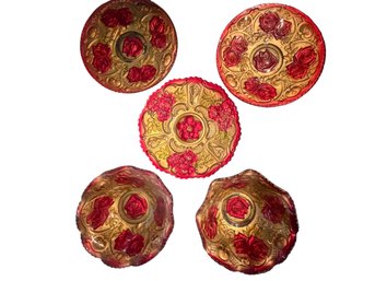 5 Gold And Red Rose-Embossed Glass Serving Bowls And Plates