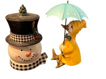Snowman Cookie Jar And Marshalls Yellow Duck Figurine Set