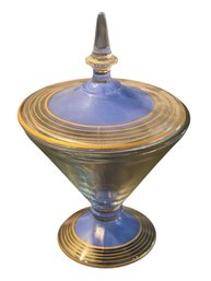 Glass Apothecary Jar With Blue-Gold Accents And Pointed Finial Lid