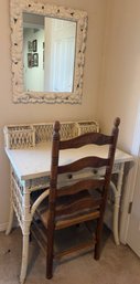 White Wicker Vanity Set With Mirror And Wooden Chair