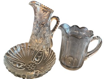 Pressed And Cut Glass Pitchers And Bowl Set