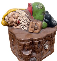Hand-Painted Ceramic Sleeping Gnome Cookie Jar With Tree Stump Design