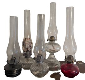 Five Glass Oil Lamps With Chimneys