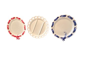 Three Milk Glass Plates With Ribbon Accent