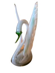 Murano-Style Glass Swan Figurine With Green Beak And White Accents